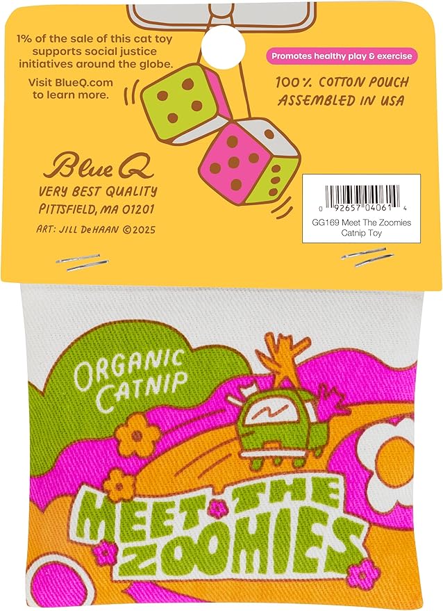 Blue Q Meet The Zoomies Catnip Toys - Durable Cat Toys for Biting, Premium USA-Grown Organic Catnip, Pet Supplies, 100% Silk-Screened Cotton Pouch w/Funny Kitty Graphics, Cat Birthday Gift