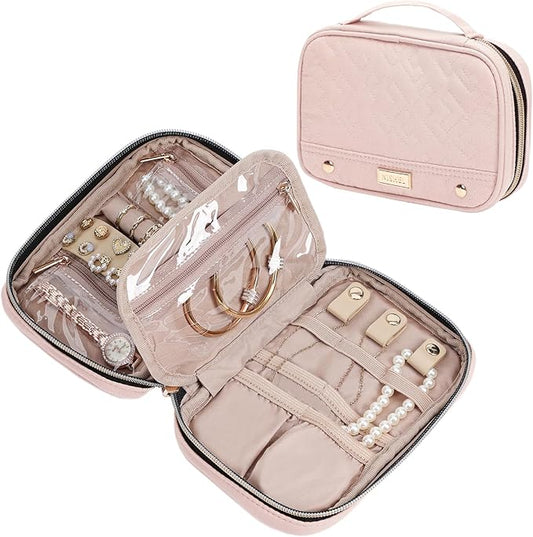 NISHEL Travel Jewelry Case, Holiday Organizer for Necklaces, Earrings, Rings, Bracelets, Watch, Small Size,Pink
