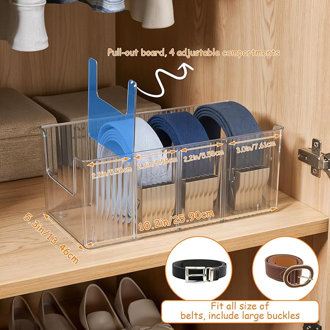 2-Pack Belt Storage Organizer, Acrylic Belt Organizer with 8 Detachable Compartments, Clear Belts Holder for Closet & Drawer, Fits Most Sizes, Space-Saving Design for Ties, Bows & Jewelry