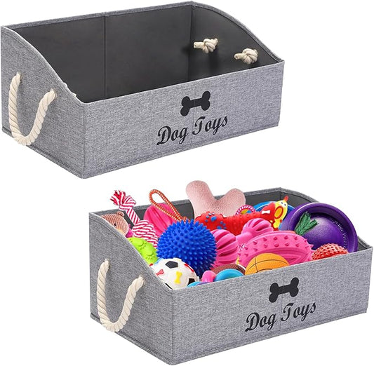 Geyecete 2 Pack Large Dog Toys Storage Bins-Foldable Fabric Trapezoid Organizer Boxes with weave Rope Handle,Collapsible Basket for Shelves,Dog Apparel(Snow Gray-DOG)