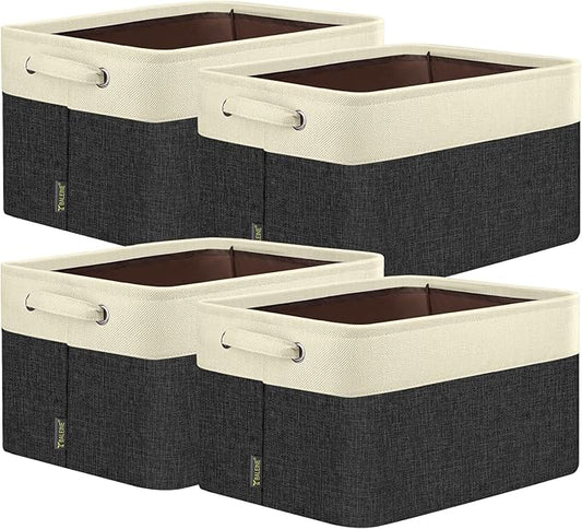 BALEINE 4 Pack Fabric Storage Bins for Shelves, Linen Storage Baskets for Organizing, Decorative Closet Bins for Clothes, Home (Black, 12"x8"x8")