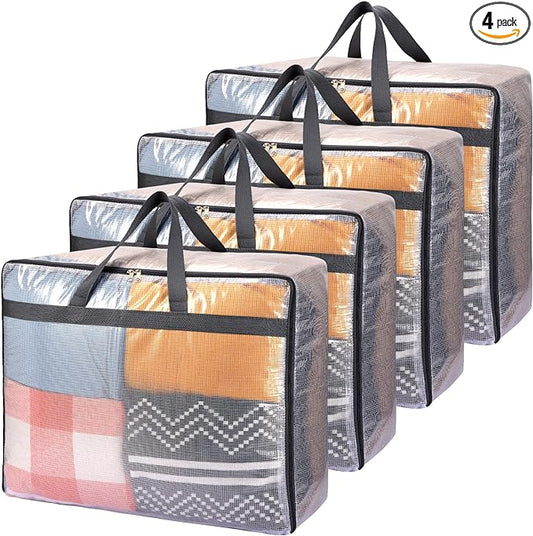 Fixwal 4 Pack 75L Extra Large XL Clear Storage Bags With Zipper for Blankets, Quilts, Clothes, Comforter, Bedding and Pillows