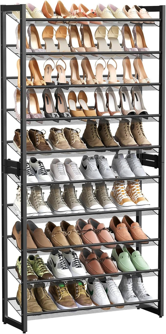 SONGMICS Shoe Rack, 10-Tier Shoe Organizer, Metal Rack for Garage, Set of 2, 5-Tier Stackable Shelf, with Adjustable Flat or Angled Shelves, 40-50 Pairs, Ink Black ULMR010B01