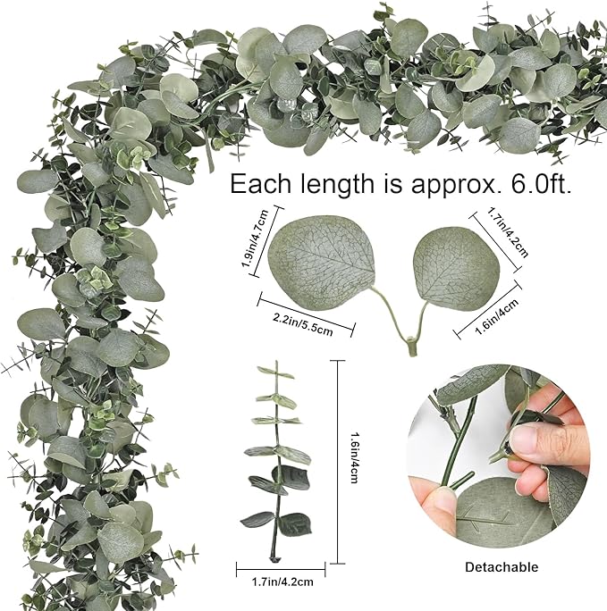 Dolicer 4 Packs 6FT Artificial Eucalyptus Garland, Faux Greenery Garland Hanging Fake Silver Dollar Eucalyptus Leaves Vines for Wedding Backdrop Arch Table Wall Party Home Decor