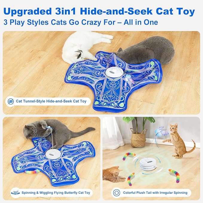 Interactive Cat Toys for Indoor Cats,[Newly Upgraded] Rechargeable Touch Activated Hide and Seek Kitten Toys for Bored Indoor Adult Cats with Fluttering (Blue)