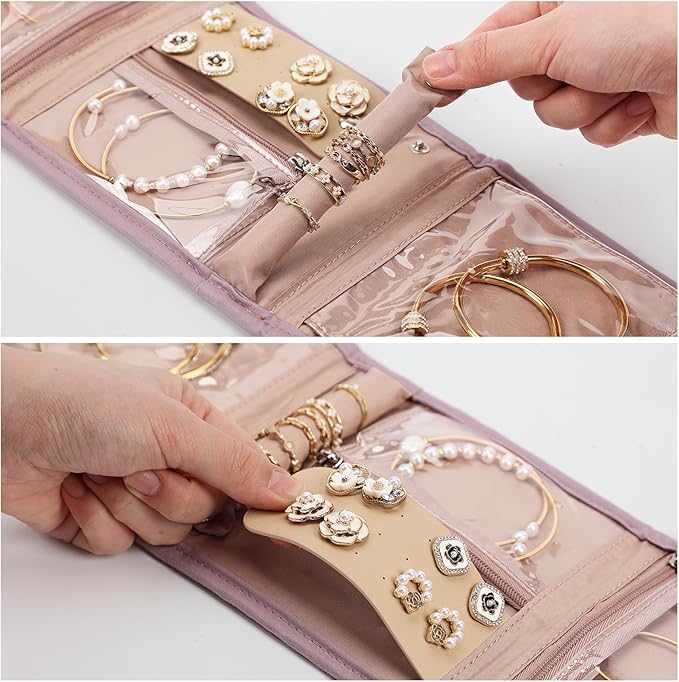 BELALIFE Travel Jewelry Case Organizer, Small Foldable Storage Roll for Earrings, Necklaces, Rings, Bracelets, Brooches, Peach-Pink