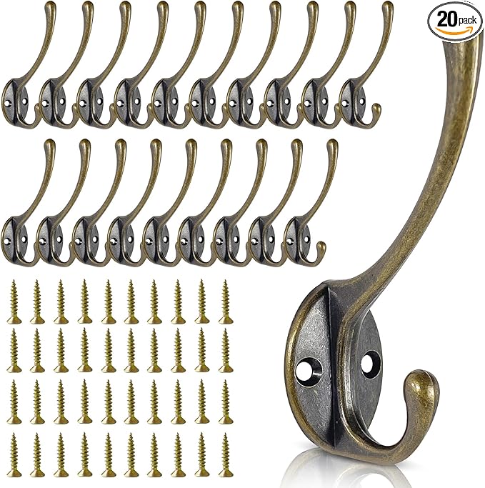 Wall Hooks for Hanging, 20-Pack Heavy Duty Metal Coat Hooks, for Living Room, Bathroom, Kitchen, Bedroom for Towel, Hat, Key, Closet, Bag (Bronze)