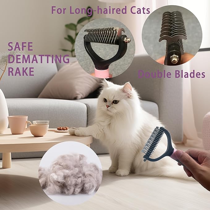 Cat Grooming Brush Kit 6 Tools - Deshedding & Dematting for Long/Short Hair, Self-Cleaning Slicker Brush with 6-in-1 Flea Comb for Cats & Kittens (Pink)