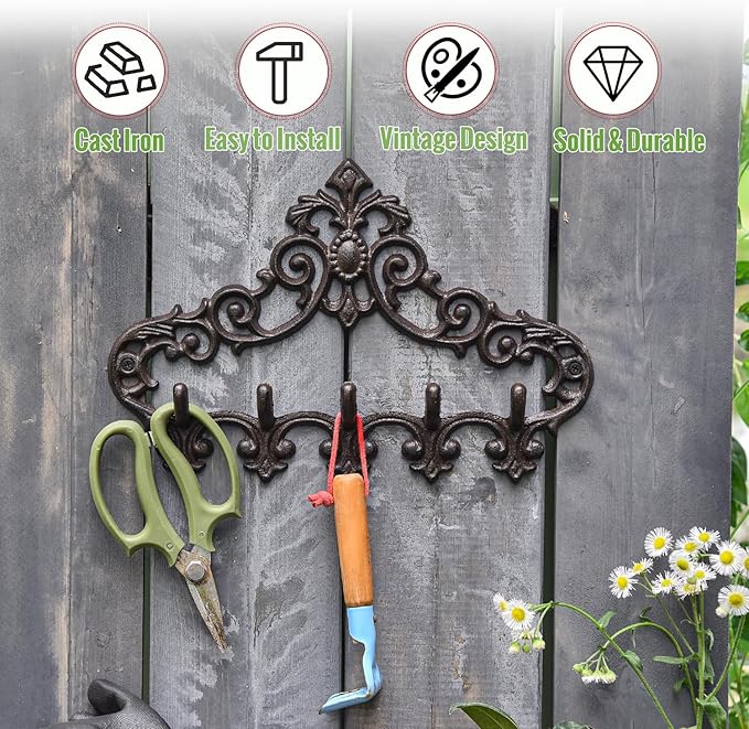 Sungmor Cast Iron Rustic Coat Hook Hanger with 5 Hooks - Practical Iron Storage Organizer/Wall Hooks Hanging Rack - Pretty Pattern Charming Wall Decor for Keys Clothes Hats