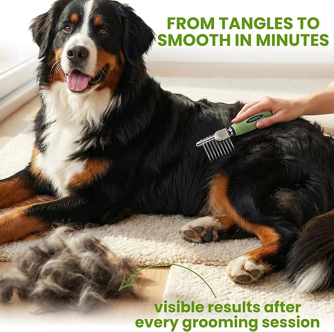 Poodle Dematting Fur Rake Comb Brush for Dogs and Cats - Long 2.5" Steel Safety Blades Metal Comb for Detangling Matted or Knotted Undercoat Hair (Green)