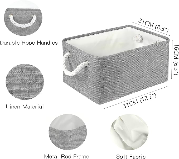 Storage Bins with Sturdy Cotton Handles(1 Pack), Fabric Storage Baskets for Organizing use for Office & Home, Book, Clothes, Toys, Closet Boxes (Small, Grey, 12.2x8.3x6.3 inches)