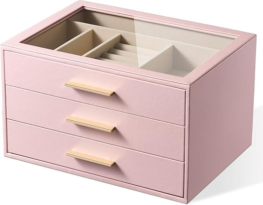 pickpiff Jewelry Box Organizer Case for Women: 3-Layer Jewelry Storage Case with Glass Window, Pink Leather with Velvet Holder for Ring Necklace Bracelet Brooch Watch, Great Gift for Her