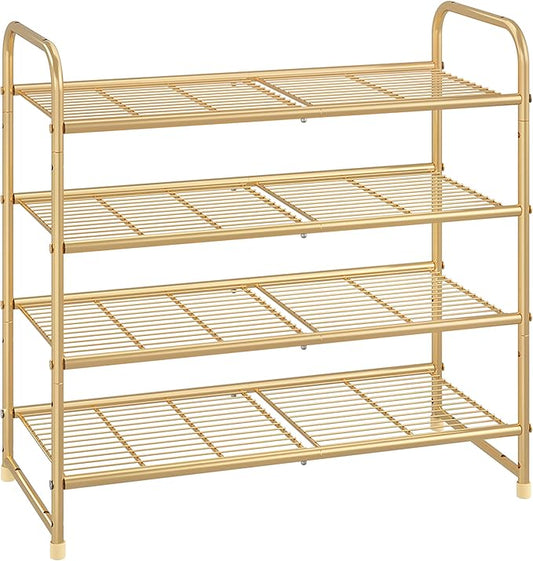 Simple Trending 4-Tier Stackable Shoe Rack, Expandable & Adjustable Shoe Organizer Storage Shelf, Wire Grid, Golden Yellow