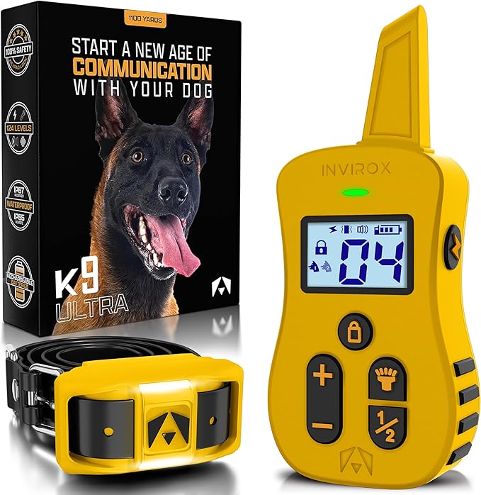 INVIROX Ultra K9 Dog Training Collar, 124 Levels for Reactive, Stubborn or Hard-to-Train Dogs, Long Range ¾ Mile, Night-Light Mode, Safe Communication, IP67 Waterproof E Collar for Large Dogs