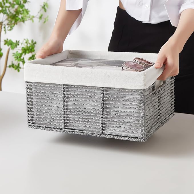 Vagusicc Wicker Storage Basket, 6 Pack Baskets for Organizing, Wicker Baskets with Handle, Rectangular Wicke Basket for Storage Shelves, Cube Storage Bins for Closet/Clothes/Dresser, Grey