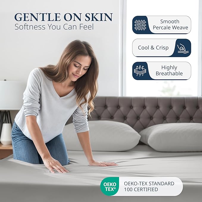 LANE LINEN 100% Organic Cotton Fitted Sheet Queen, Fully Elasticized Soft & Comfy Sustainably Produced Oeko-Tex Certified Snug Fit Deep Pocket 15" Fitted Sheet Only (+Pillowcases) -Silver