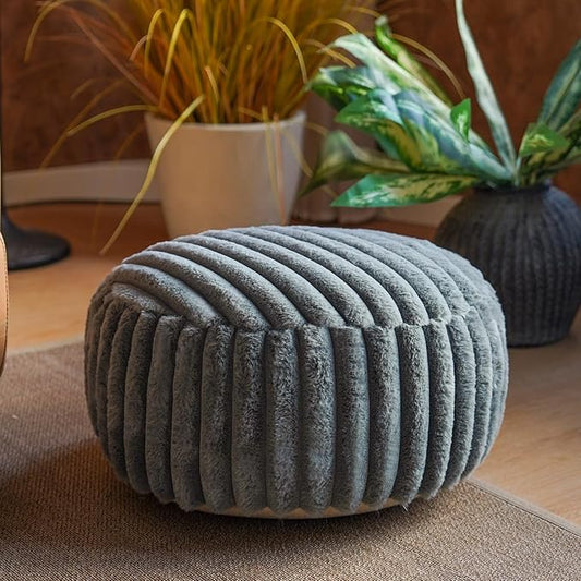 Unstuffed Pouf Ottoman Cover Soft Storage Extra Seat Farmhouse Comfortable Bohemian Poufs Accent Footrest 20x20x8 Inches for Living Room Bedroom Study Nook (Gray B, Round)
