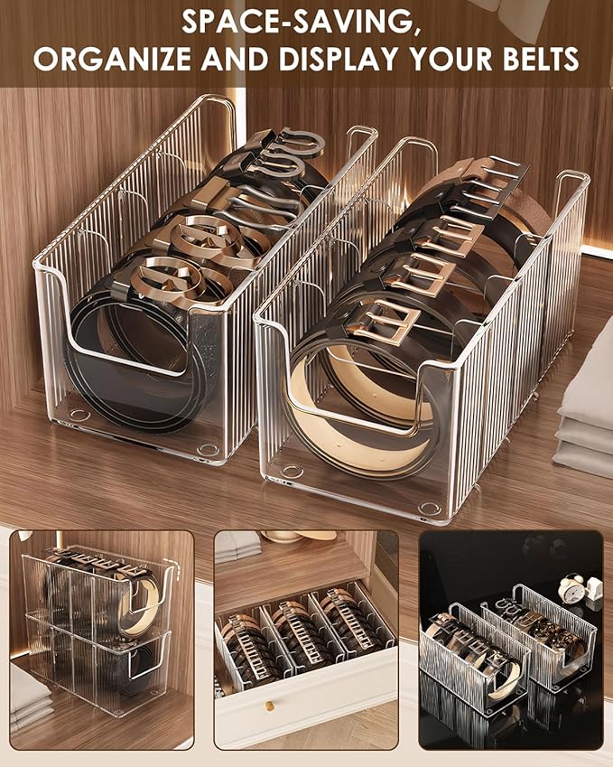 HAYVAN 2-Pack Acrylic Belt Organizer for Closet & Drawer - 8 Detachable Compartments, Clear Belt Holder Display Fits Most Sizes, Storage for Ties, Bows, Jewelry (Space-Saving Design)