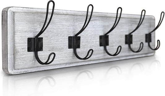 HBCY Creations Rustic Coat Rack - Wall Mounted Whitewash 24" Entryway Coat Hooks - 5 Rustic Hooks, Solid Pine Wood. Perfect Touch for Your Entryway, Kitchen, Bathroom... (Whitewash)