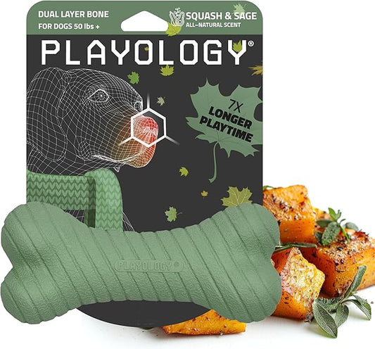 Playology Dog Toys | Dual Layer Bone Durable Chew Toy Bone for Dogs | Jumbo Butternut Squash & Sage Scented Toy - Limited Edition Fall Scent | Easy to Clean and Made from Non Toxic Materials