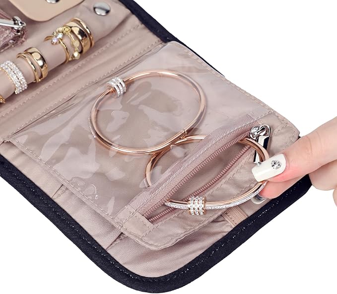 BELALIFE Travel Jewelry Case Organizer, Small Foldable Storage Roll for Earrings, Necklaces, Rings, Bracelets, Brooches, Black