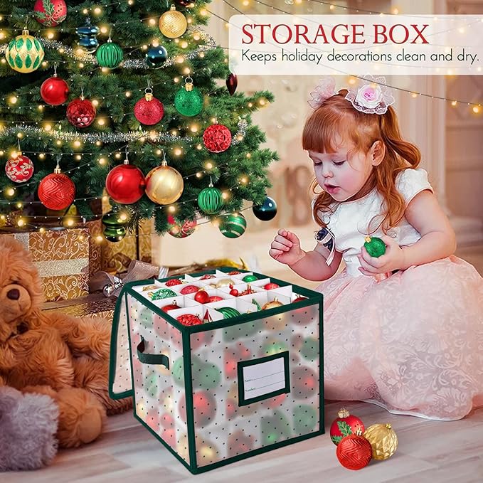 BINSUNS Christmas Ornament Storage Box, Christmas Storage Containers Organizer Bag with Dividers - Fits up to 64 Holiday Xmas Ornaments Decorations 3" Seasons Balls(Green)
