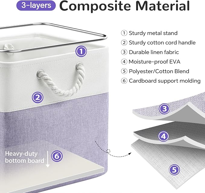 12 x 12 Inch Cube Storage Bins, 4 Pack Fabric Storage Basket with Handles, Foldable Boxes Organizer for Shelf Baskets for Home, Clothes, Toys (White/Purple)