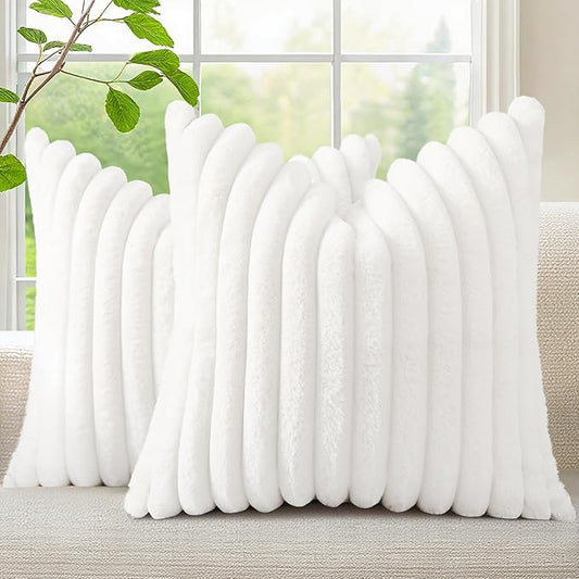 decorUhome Faux Fur Spring Throw Pillow Covers 18x18 Set of 2, Decorative Soft Plush Striped Neutral Couch Pillow Covers with Velvet Back for Sofa, Bed, Living Room Home, White