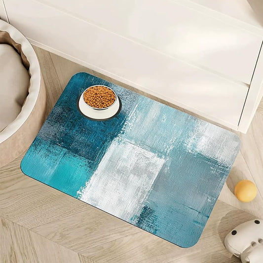 Turquoise Grey Dog Cat Food Mat,Teal Modern Art Absorbent Pet Feeding Mat for Food and Water,Non-Slip Dog Bowl Mats Floor Protector 12"x20"