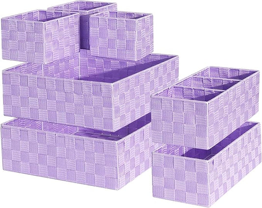 Drawer Organizer, Cube Baskets for Storage Shelves, Handmade Small Woven Basket, Shallow Storage Bins for Organizing Desk, Dresser, Kitchen, Pantry, Nested 7 Pack, Purple