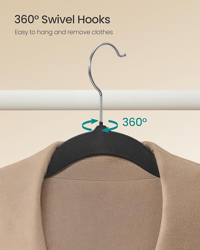 SONGMICS Velvet Hangers 150 Pack, Non-Slip Clothes Hangers with Silver-Colored Swivel Hooks, Slim Space-Saving for Closet, Heavy-Duty, Black UCRF046BZ03S