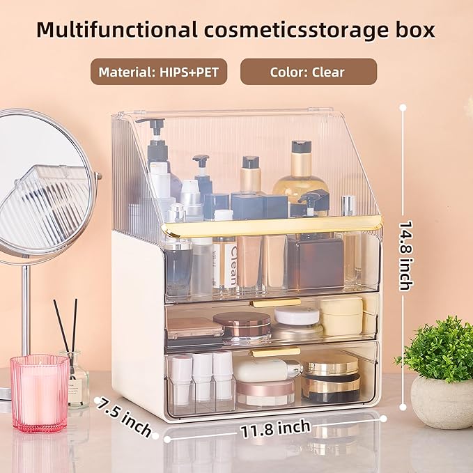Large Cosmetic Organizer Fully Transparent with Drawers, Dustproof Waterproof Bathroom Counter Storage for Skincare Lipstick Makeup Brushes(White)
