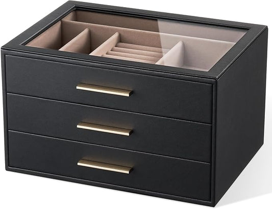 pickpiff Jewelry Box Organizer Case for Women: 3-Layer Jewelry Storage Case with Glass Window, Black Leather with Blush Velvet, Holder for Ring Necklace Bracelet Brooch Watch, Great Gift for Her