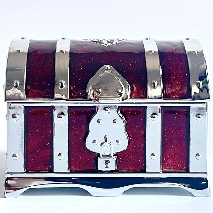 Retro Jewelry Box Arched Vintage Rectangular Metal Chest Necklace Ring Earrings Storage Case for Women Girls (Chrome Transparent Red, S)