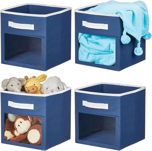 mDesign Fabric Nursery/Playroom Closet Storage Organizer Bin Box with Front Handle/Window for Cube Furniture Shelving Units, Hold Toys, Clothes, Diapers, Bibs, Jane Collection, 4 Pack, Navy Blue/White