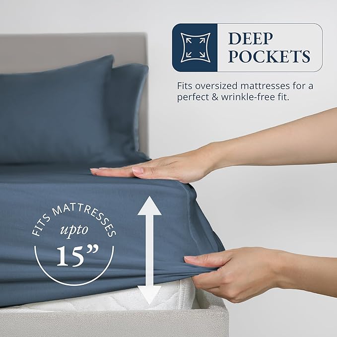 LANE LINEN Full Size Fitted Sheet, 100% Organic Cotton, 3Pc Set (1 Fitted Sheet,2 Pillowcases), Percale Weave, Bottom Sheet, Breathable, Fits Mattress Upto 15" Deep - Navy(No Flat Sheet)