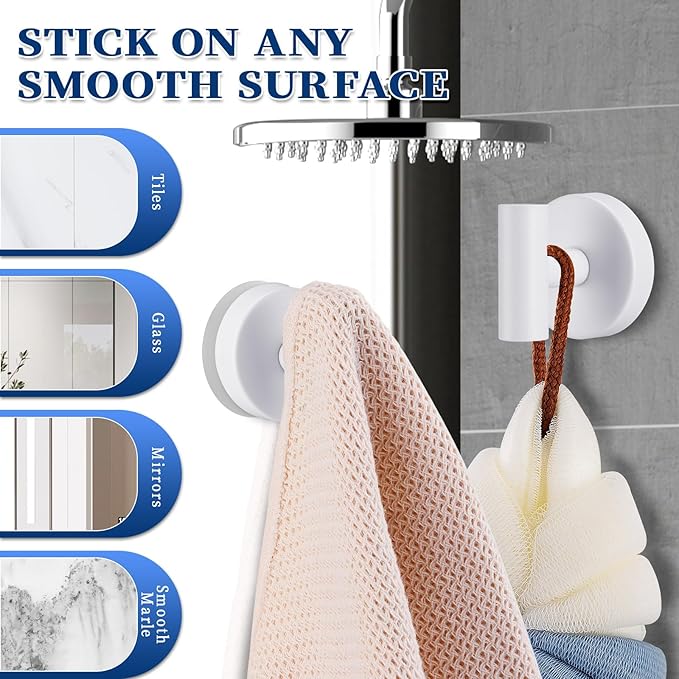Heavy Duty Reusable Suction Cup Hooks for Shower - No Drill Bathroom/Glass/Mirror/Tiles & Metal Surfaces,and Smooth Non-Porous Surfaces for Towels, Robes, Loofahs (2, White)