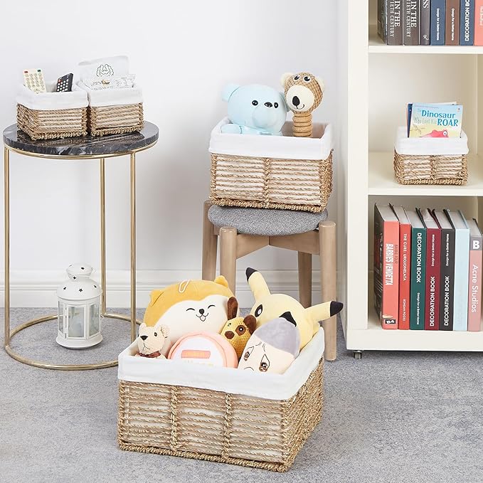 Vagusicc Wicker Storage Basket, 5 Pack Baskets for Organizing, Seagrass Storage Baskets, Rectangular Wicker Baskets for Storage Shelves, Cube Storage Bins For Closet/Clothes/Dresser