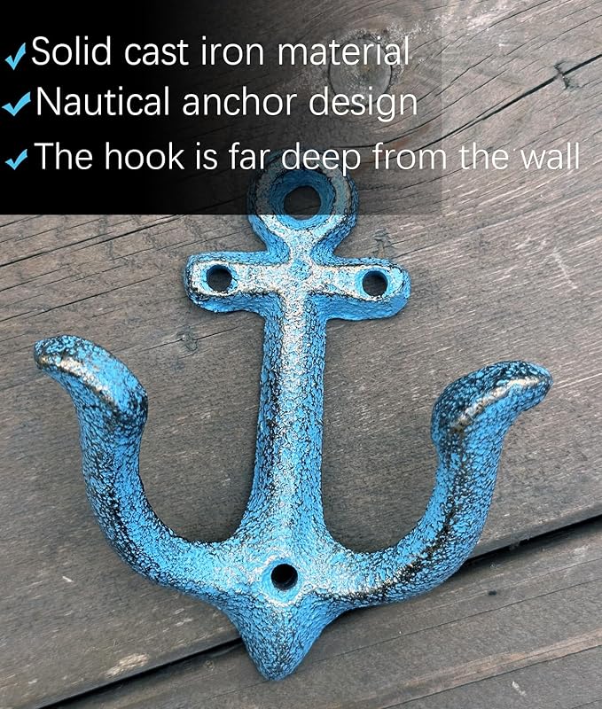 KiaoTime (Blue) Vintage Rustic Cast Iron Nautical Anchor Design Wall Hooks Coat Hooks Rack, Decorative Wall Mounted Antique Shabby Chic Metal Home Bathroom Towel Coat Hooks Hanger