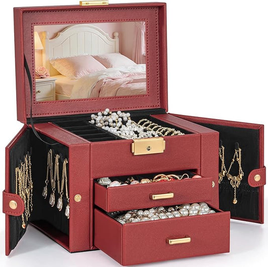 TORIBIO Jewelry Box for Women, Leather Jewelry Organizer with Mirror & Lock, 3-Tier Jewelry Storage Organizer with 2 Drawers for Girls/Women/Mothers, Necklace Earring Bracelets Holder Organizer