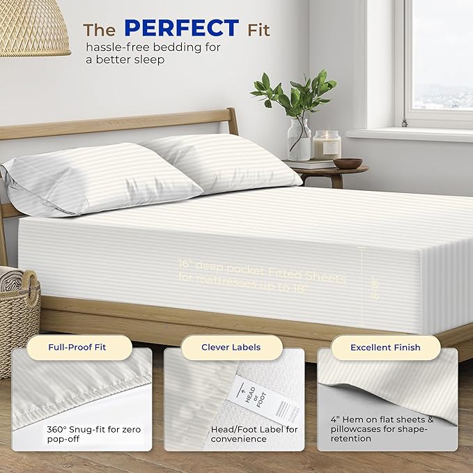 THREAD SPREAD Luxury Egyptian Cotton King Stripe Sheet Set, 600 Thread Count Extra Long Staple 4 PC Set, King Damask Sheets, Soft, Cooling Sateen Weave Striped Sheets Upto 18" Deep Pocket - Ivory