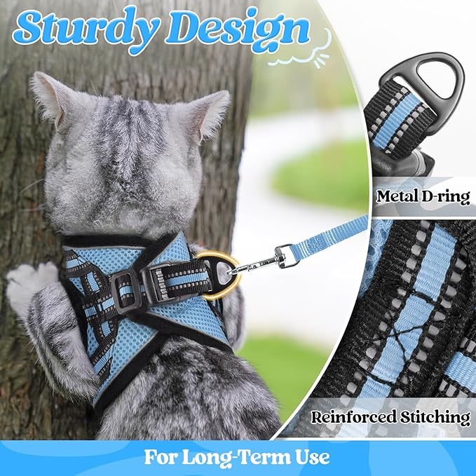 rabbitgoo Cat Harness and Leash Set for Walking Escape Proof, Adjustable Soft Kittens Vest with Reflective Strip for Cats, Comfortable Outdoor Vest, Light Blue, XL