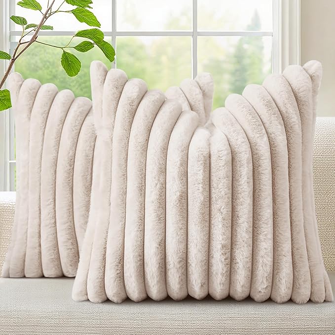 decorUhome Faux Fur Spring Throw Pillow Covers 22x22 Set of 2, Decorative Soft Plush Striped Neutral Couch Euro Sham Pillow Covers with Velvet Back for Sofa, Bed, Living Room Home, Beige