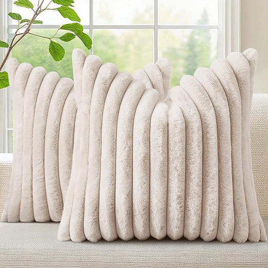 decorUhome Faux Fur Spring Throw Pillow Covers 22x22 Set of 2, Decorative Soft Plush Striped Neutral Couch Euro Sham Pillow Covers with Velvet Back for Sofa, Bed, Living Room Home, Beige