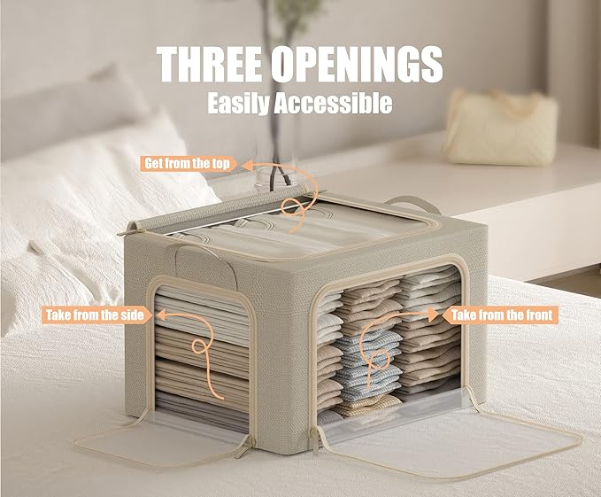3 Opeings Large Clothes Storage Bins with Metal Frame, Foldable Storage Bin for Clothes, Clothing Storage Bins with Lid, Linen Storage Box With Clear Window＆ Zippers＆ Durable Handles.(3 Pcs,Beige,66L)
