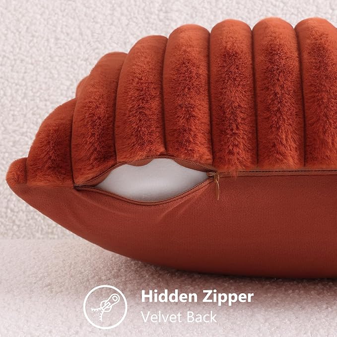 decorUhome Faux Fur Spring Throw Pillow Covers 16x16 Set of 2, Decorative Soft Plush Striped Neutral Couch Pillow Covers with Velvet Back for Sofa, Bed, Living Room Home, Rust