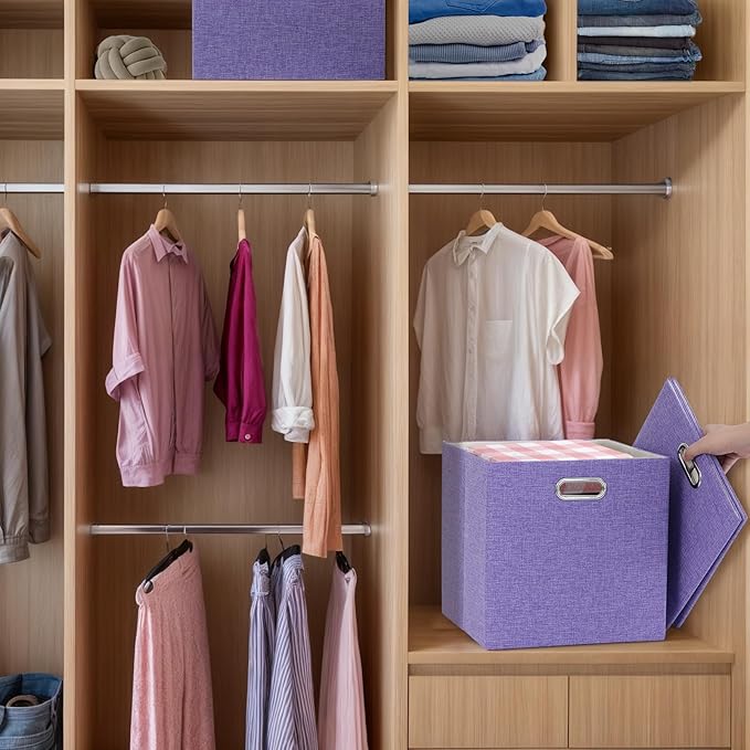 Foldable Cube Storage Bin Organizing Baskets Cubby Boxes Fabric Storage Cubes Organizer Bins with Handles for Organization Shelf Closet, 13"x13"x13", Pack of 4, Purple
