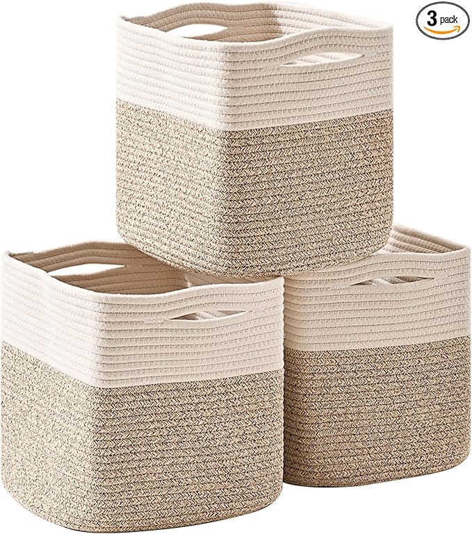 13 Inch Cube Closet Storage Bins, Woven Cotton Rope Organizer Baskets for Organizing & Shelves, Books, Towels, Clothes, Toys, 13x13x13 in, Off White & Brown (Pack of 3)