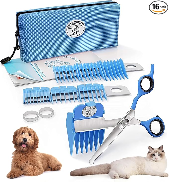 SCAREDY CUT Silent Pet Grooming Kit for Dogs, Cats and All Pet Grooming - A Quiet Alternative to Electric Clippers for Sensitive Pets (Right-Handed Blue)