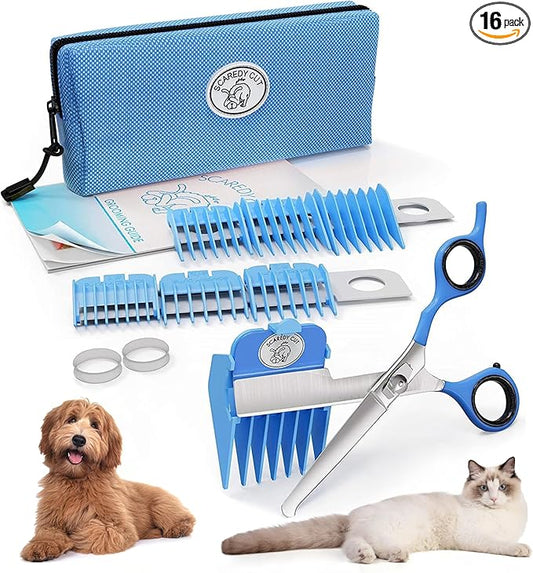 SCAREDY CUT Silent Pet Grooming Kit for Dogs, Cats and All Pet Grooming - A Quiet Alternative to Electric Clippers for Sensitive Pets (Right-Handed Blue)